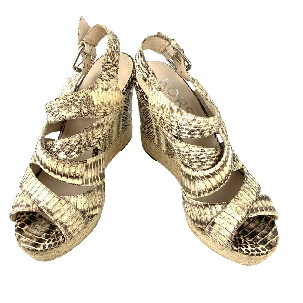KORS Michael Kors Cynthia Embossed‎ Leather Espadrille Wedge Sandals